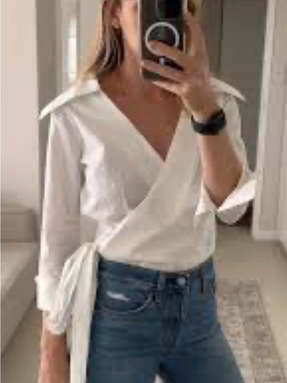 Zara White Wrap Button-Down Blouse with Side Tie